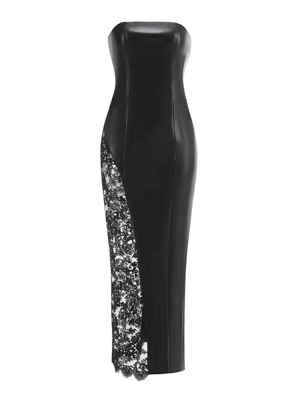 Strapless High Waist Lace Patchwork Tight Banquet Leather Dress - REBECATHELABEL