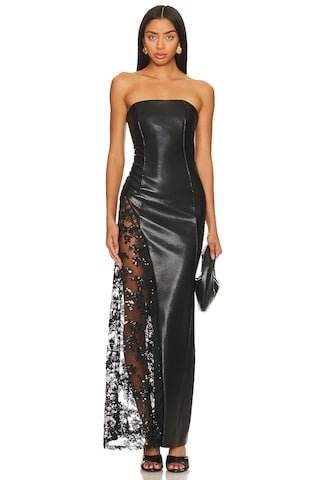 Strapless High Waist Lace Patchwork Tight Banquet Leather Dress - REBECATHELABEL