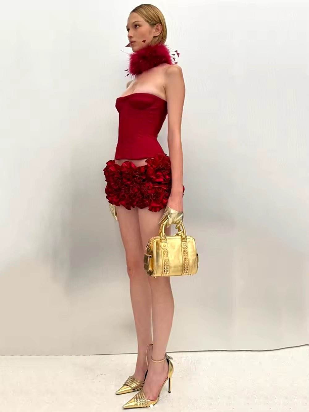 Strapless Lace Up Fishbone Top & Layered 3D Flower Skirt Two Piece Set - REBECATHELABEL