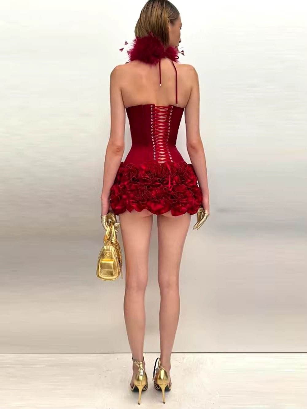 Strapless Lace Up Fishbone Top & Layered 3D Flower Skirt Two Piece Set - REBECATHELABEL