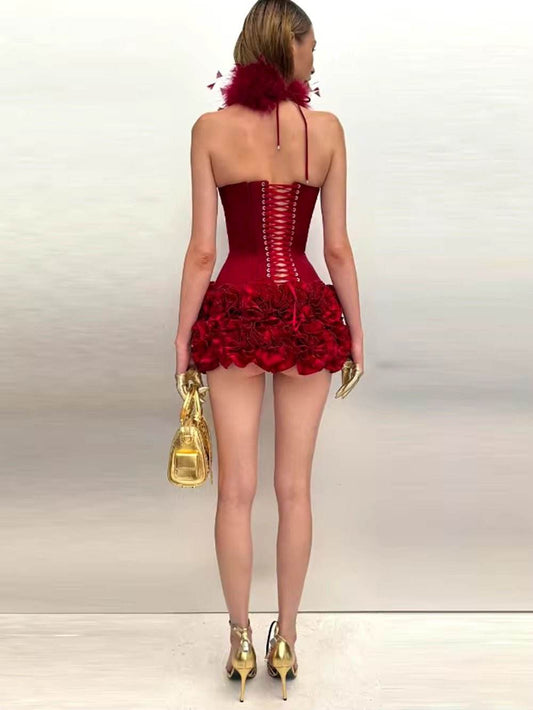 Strapless Lace Up Fishbone Top & Layered 3D Flower Skirt Two Piece Set - REBECATHELABEL