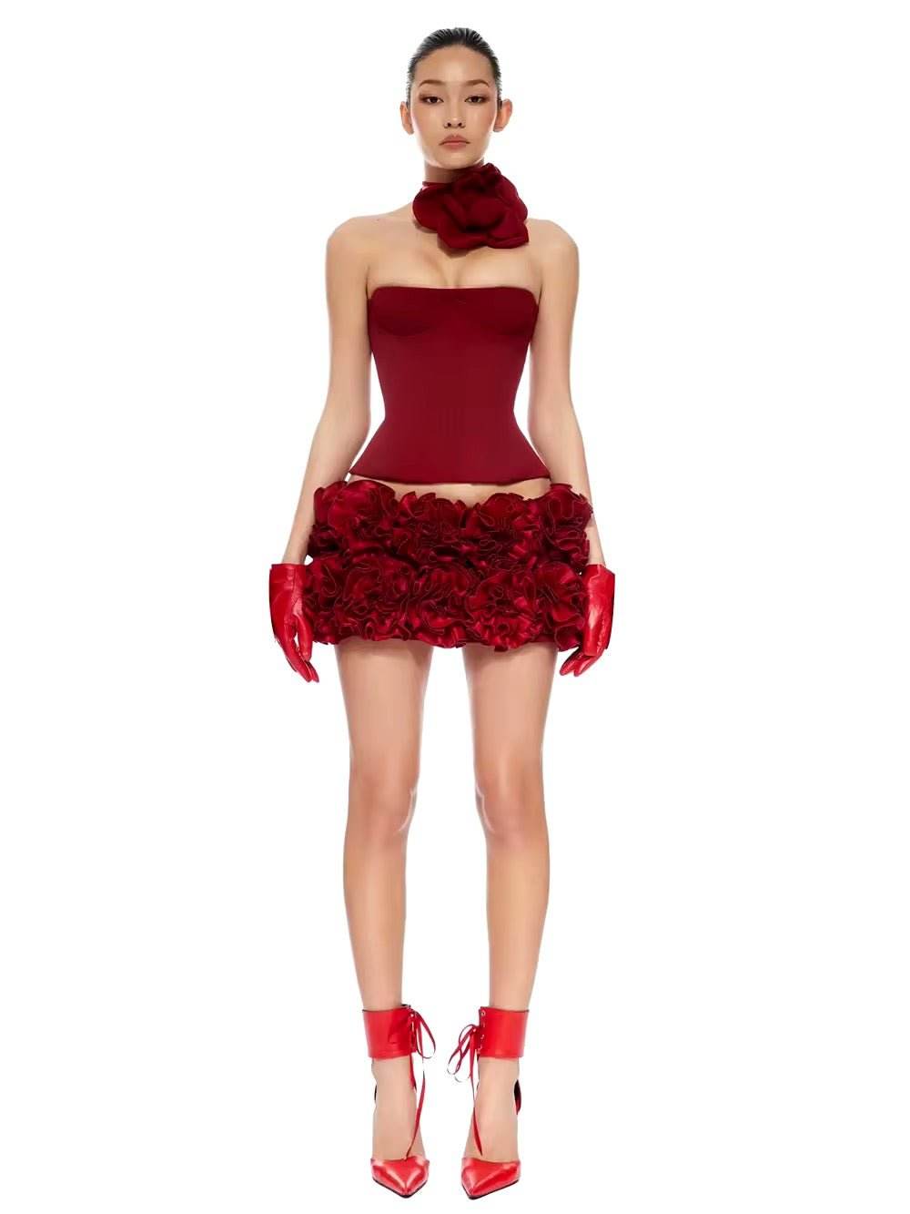 Strapless Lace Up Fishbone Top & Layered 3D Flower Skirt Two Piece Set - REBECATHELABEL