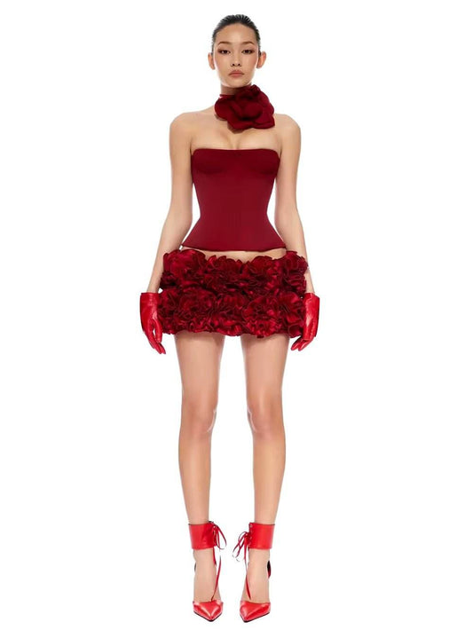 Strapless Lace Up Fishbone Top & Layered 3D Flower Skirt Two Piece Set - REBECATHELABEL