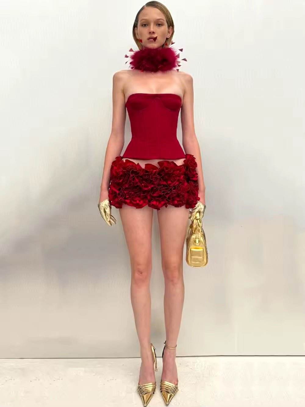 Strapless Lace Up Fishbone Top & Layered 3D Flower Skirt Two Piece Set - REBECATHELABEL