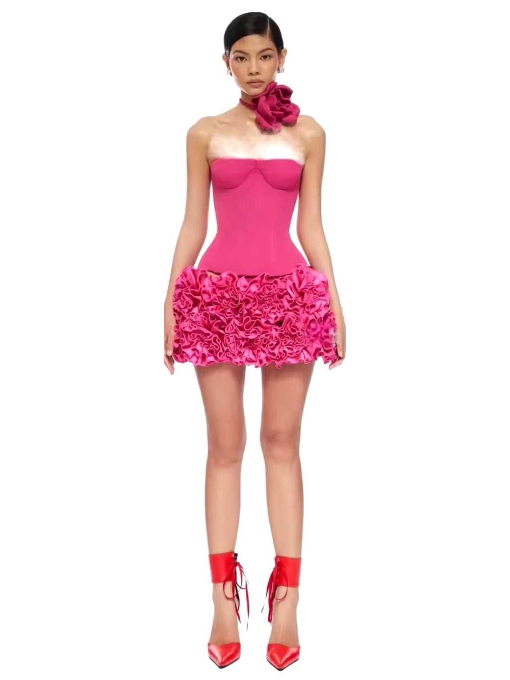 Strapless Lace Up Fishbone Top & Layered 3D Flower Skirt Two Piece Set - REBECATHELABEL