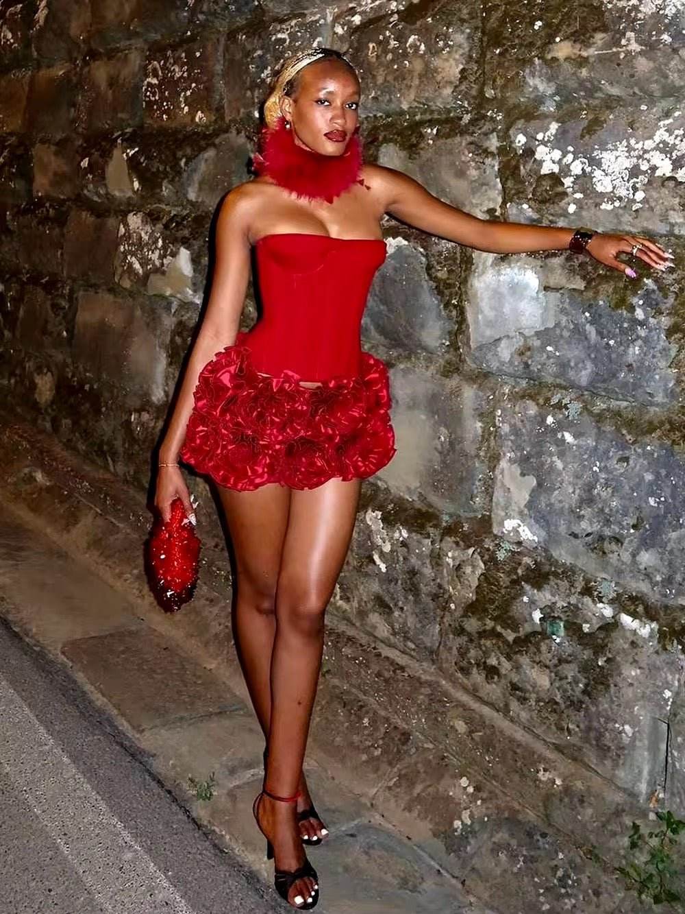 Strapless Lace Up Fishbone Top & Layered 3D Flower Skirt Two Piece Set - REBECATHELABEL