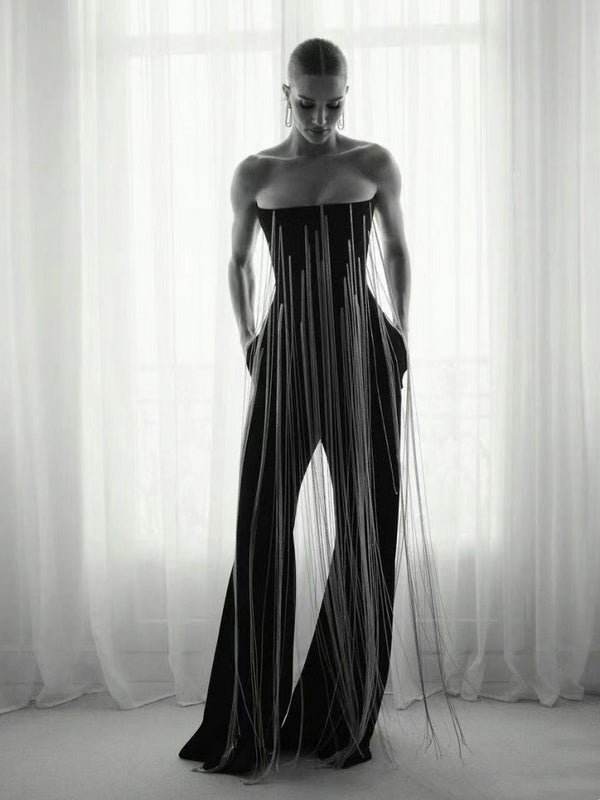 Strapless Long Chain Tassel Design Jumpsuit - REBECATHELABEL