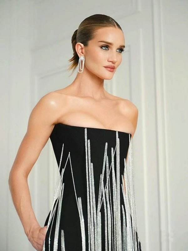 Strapless Long Chain Tassel Design Jumpsuit - REBECATHELABEL