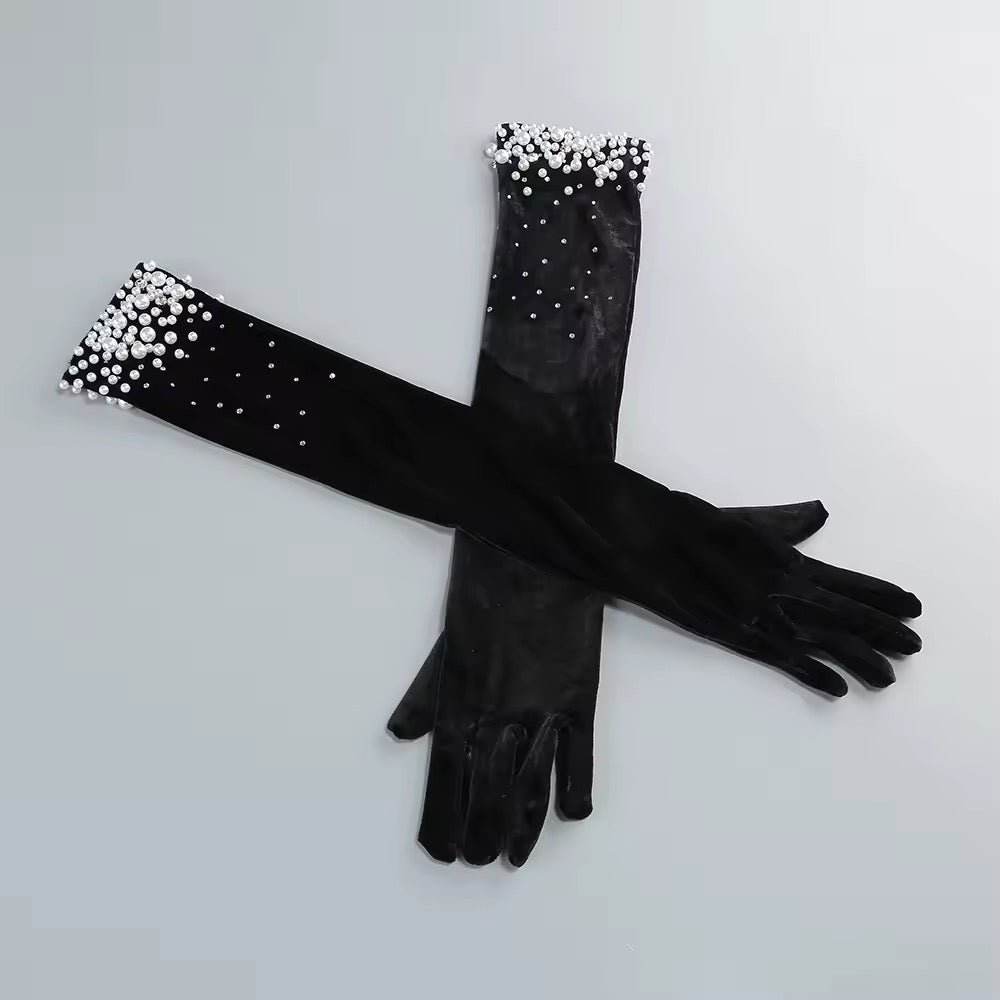 Strapless Plearls Diamonds Long Dress With Gloves Neck - REBECATHELABEL