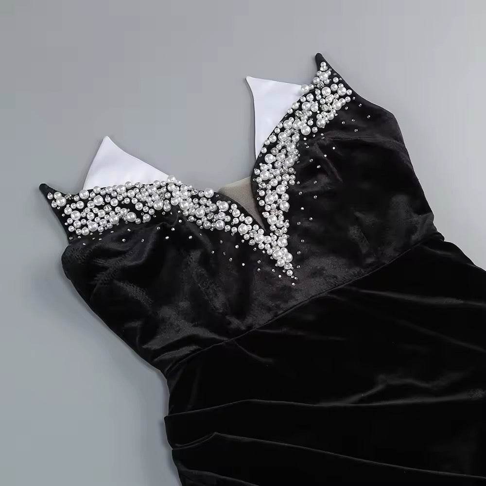 Strapless Plearls Diamonds Long Dress With Gloves Neck - REBECATHELABEL