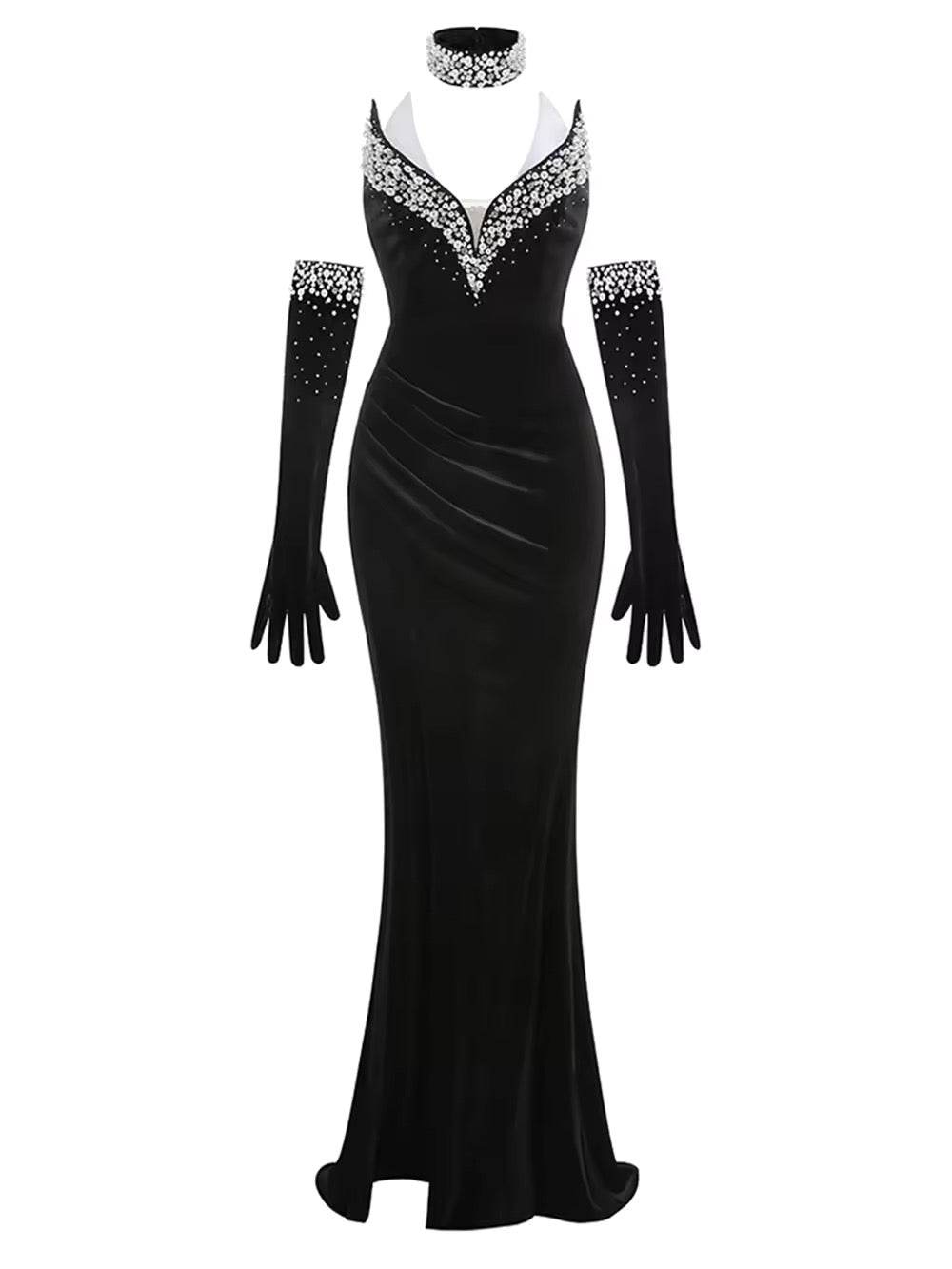 Strapless Plearls Diamonds Long Dress With Gloves Neck - REBECATHELABEL