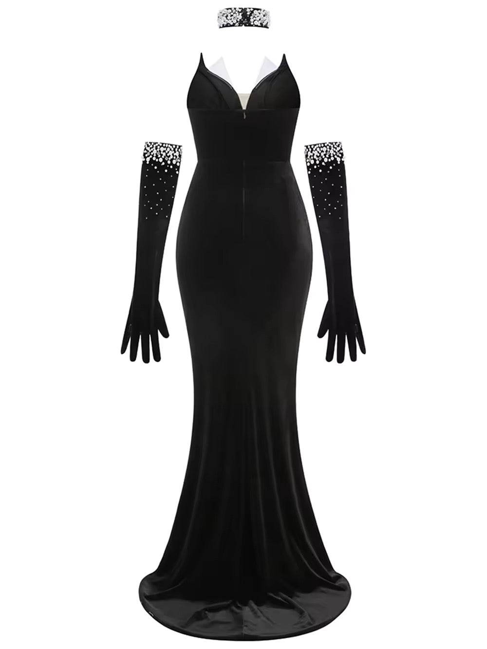 Strapless Plearls Diamonds Long Dress With Gloves Neck - REBECATHELABEL