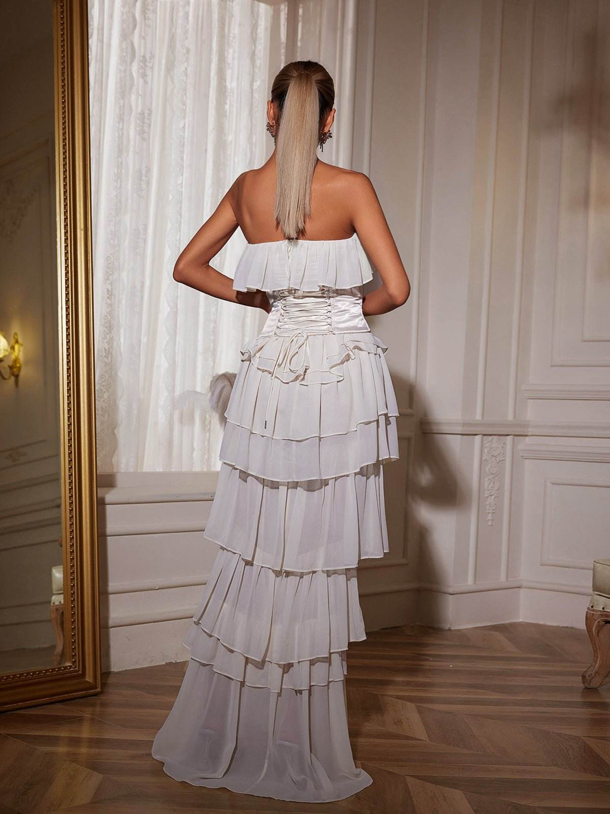 Strapless Ruched Mesh Maxi Dress - REBECATHELABEL