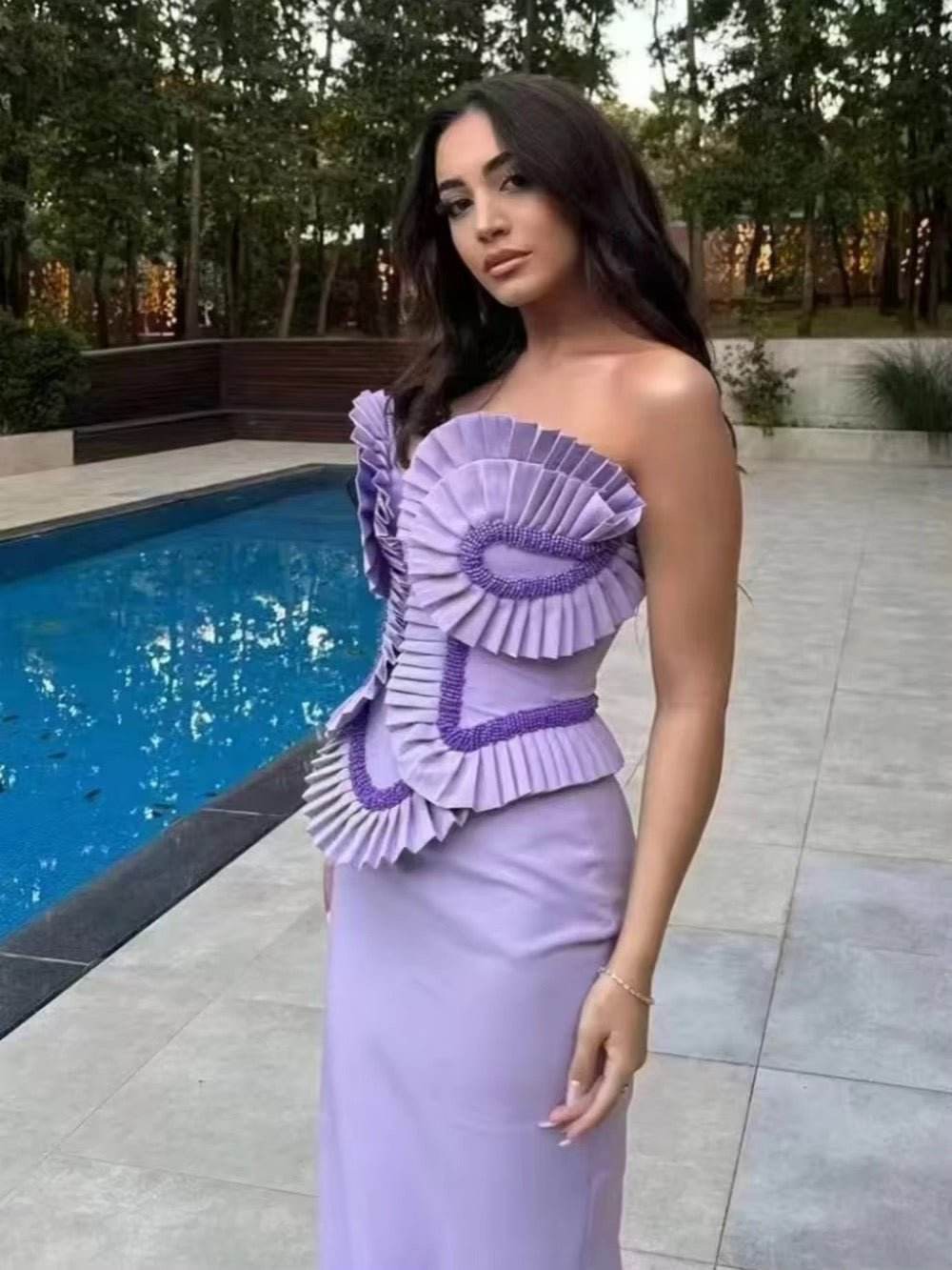 Strapless Ruffles Beaded Tight Maxi Bandage Dress - REBECATHELABEL