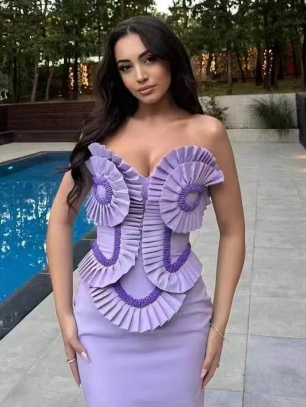 Strapless Ruffles Beaded Tight Maxi Bandage Dress - REBECATHELABEL