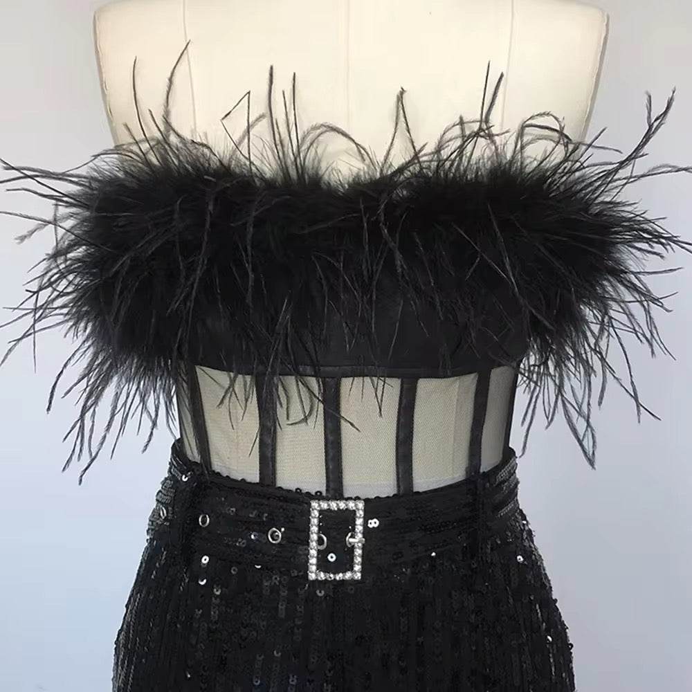 Strapless Sequin Feather Tight jumpsuit - REBECATHELABEL