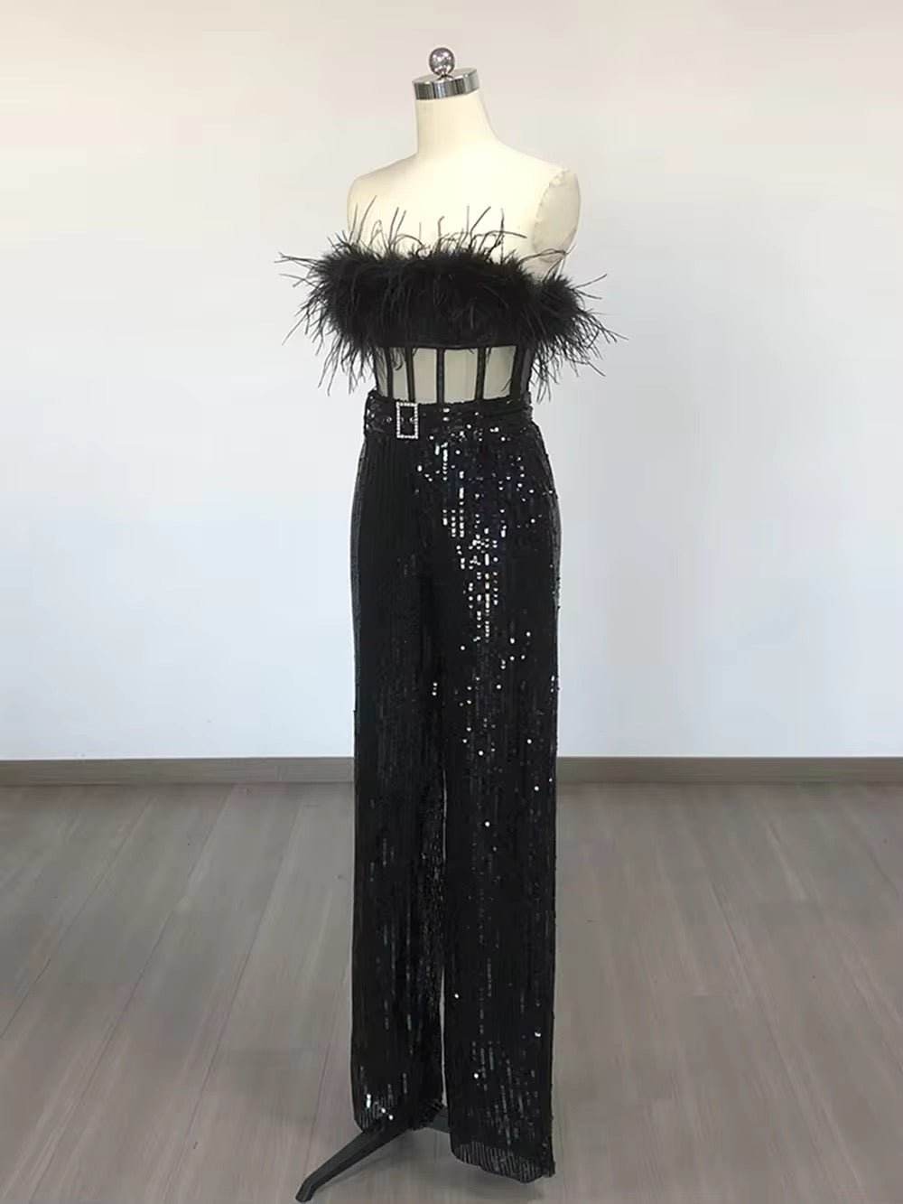 Strapless Sequin Feather Tight jumpsuit - REBECATHELABEL