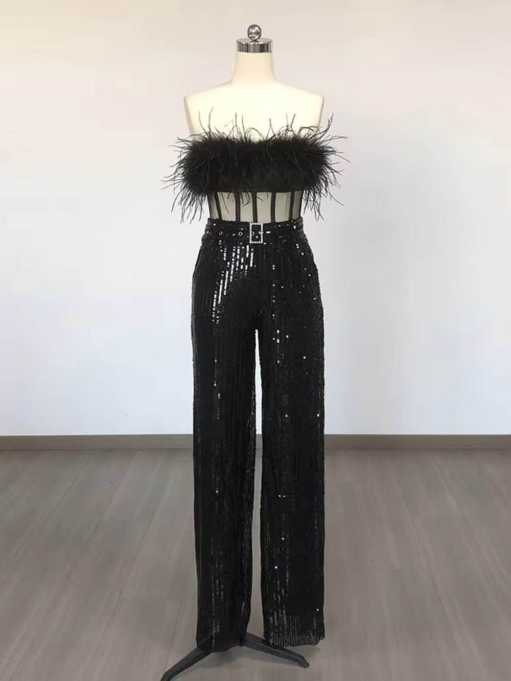 Strapless Sequin Feather Tight jumpsuit - REBECATHELABEL