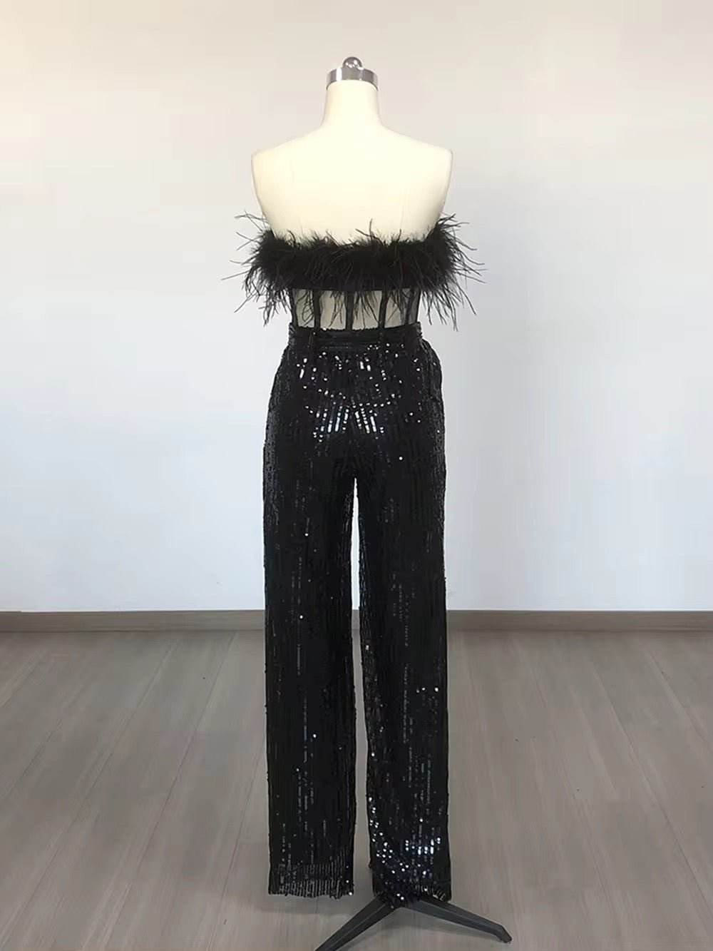 Strapless Sequin Feather Tight jumpsuit - REBECATHELABEL