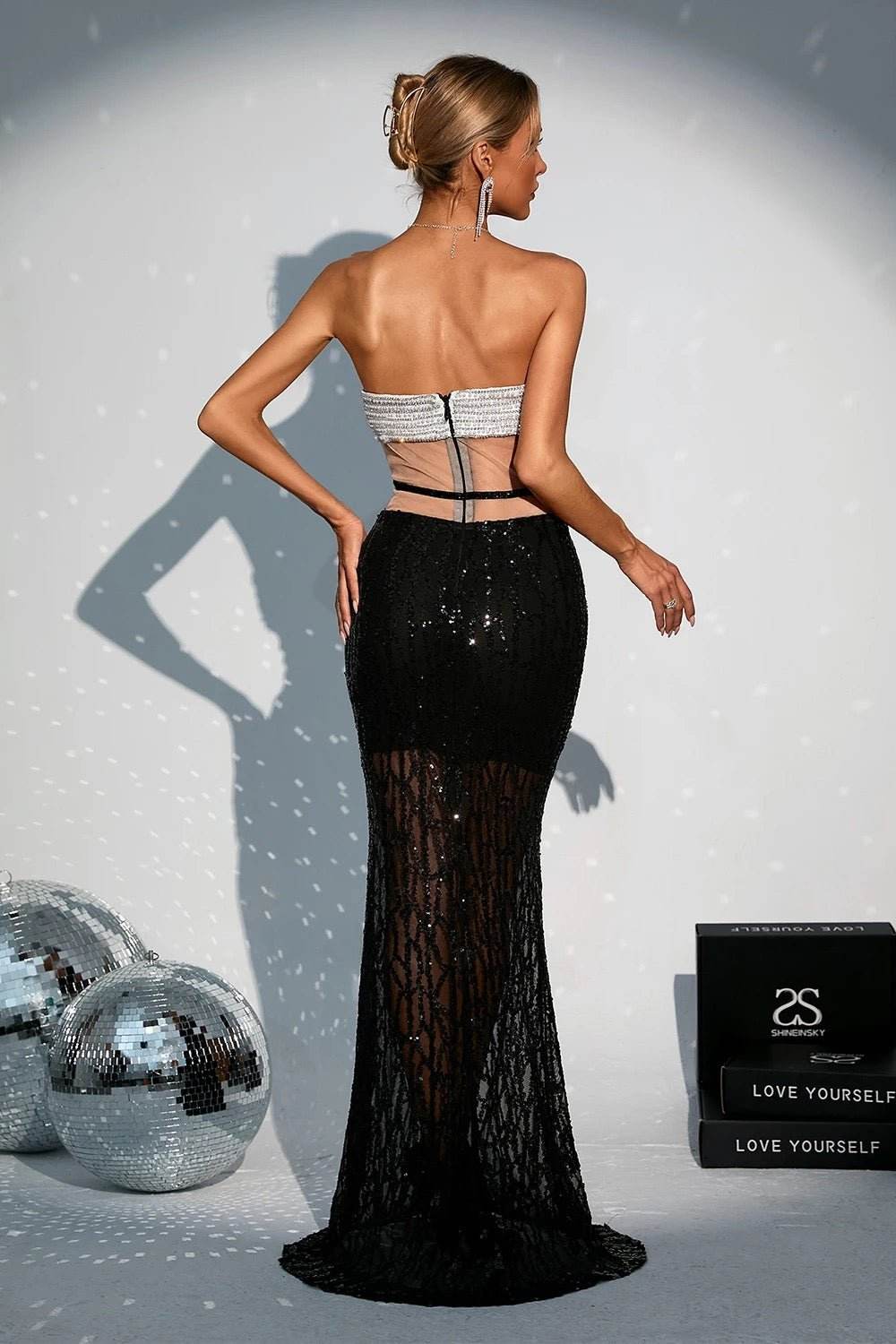 Strapless Sparkling Pearl Tight Hollow Maxi Dress - REBECATHELABEL