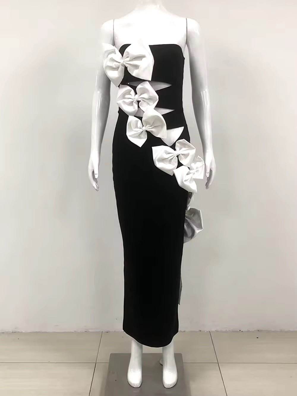 Strapless Splicing Bow Hollow out Bandage Dress - REBECATHELABEL