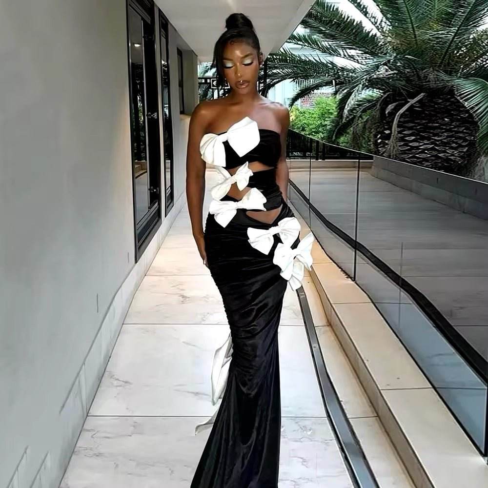 Strapless Splicing Bow Hollow out Bandage Dress - REBECATHELABEL