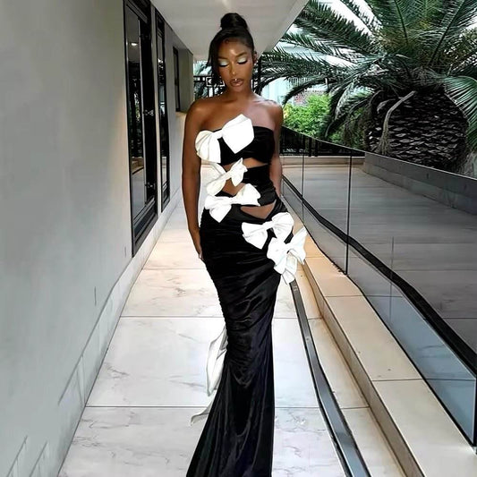 Strapless Splicing Bow Hollow out Bandage Dress - REBECATHELABEL