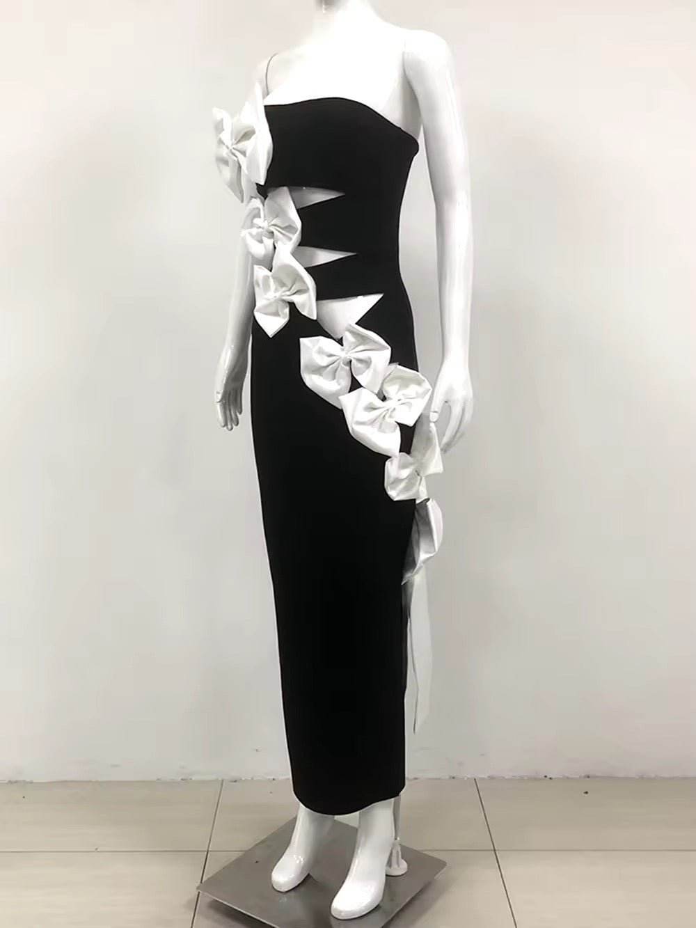 Strapless Splicing Bow Hollow out Bandage Dress - REBECATHELABEL