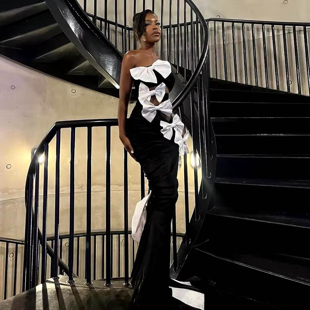 Strapless Splicing Bow Hollow out Bandage Dress - REBECATHELABEL