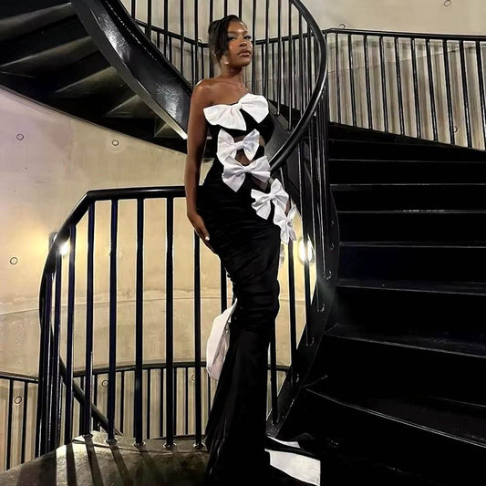 Strapless Splicing Bow Hollow out Bandage Dress - REBECATHELABEL