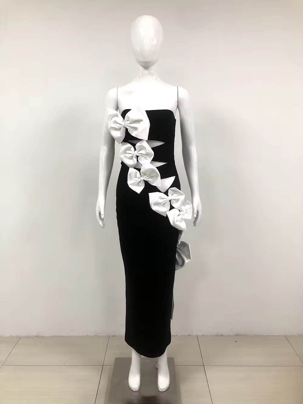 Strapless Splicing Bow Hollow out Bandage Dress - REBECATHELABEL