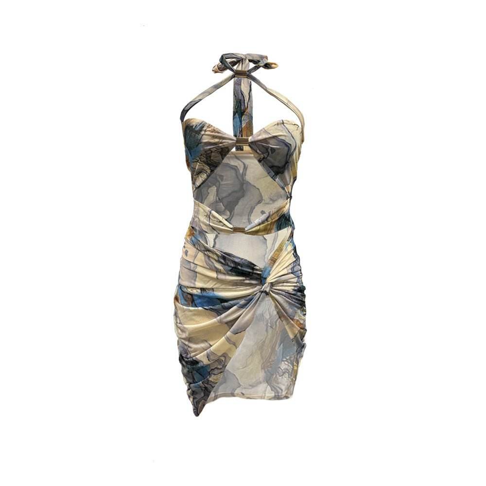 Summer Mesh Floral Print Cropped Halter Split Sexy Dress - REBECATHELABEL