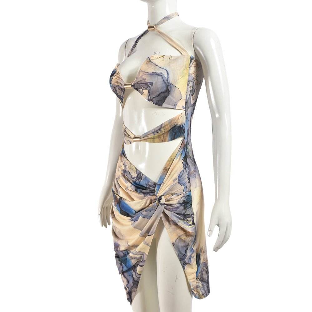 Summer Mesh Floral Print Cropped Halter Split Sexy Dress - REBECATHELABEL