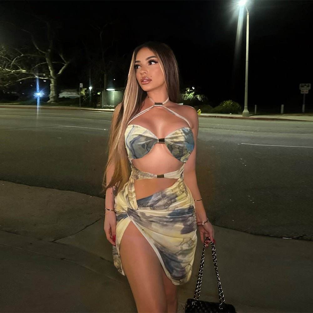 Summer Mesh Floral Print Cropped Halter Split Sexy Dress - REBECATHELABEL