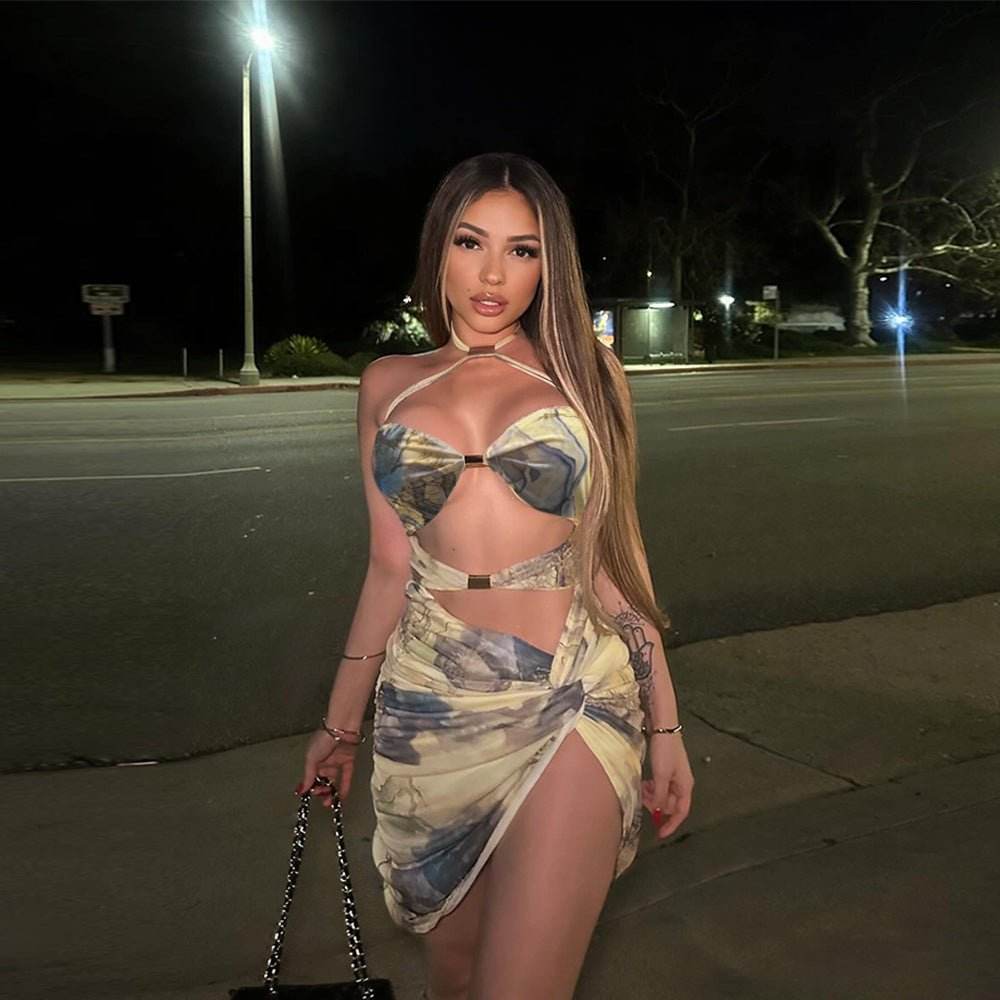 Summer Mesh Floral Print Cropped Halter Split Sexy Dress - REBECATHELABEL