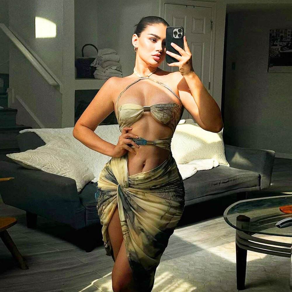 Summer Mesh Floral Print Cropped Halter Split Sexy Dress - REBECATHELABEL