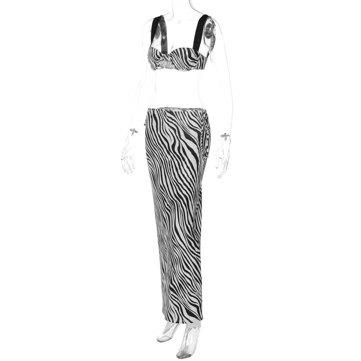 Suspender Wrapped Chest Cropped Dress Print Holiday Casual Set - REBECATHELABEL