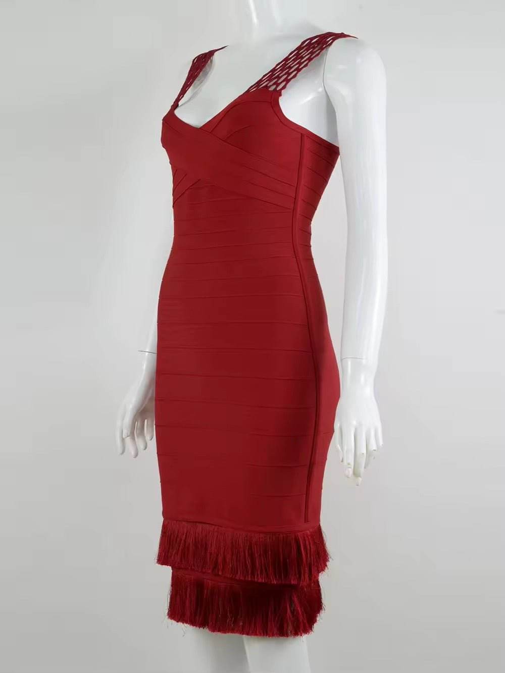 Tassel Lace Strap Bodycon Knee Length Bandage Dress - REBECATHELABEL