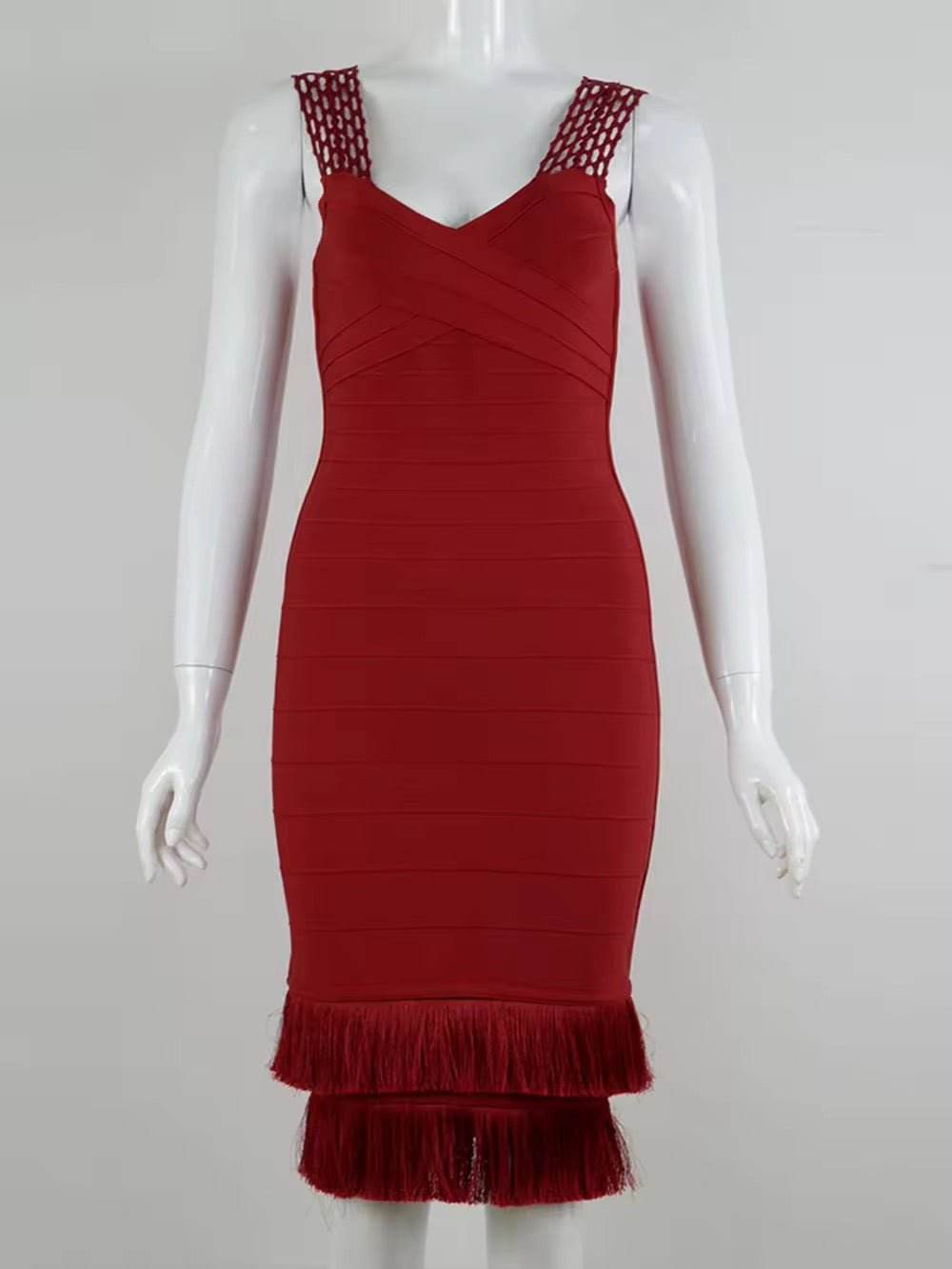 Tassel Lace Strap Bodycon Knee Length Bandage Dress - REBECATHELABEL