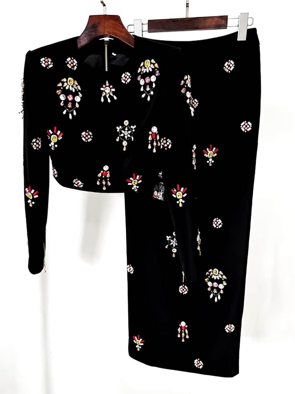 Temperament Diamonds Two Piece Set Round Neck Long Sleeve Short Top - REBECATHELABEL