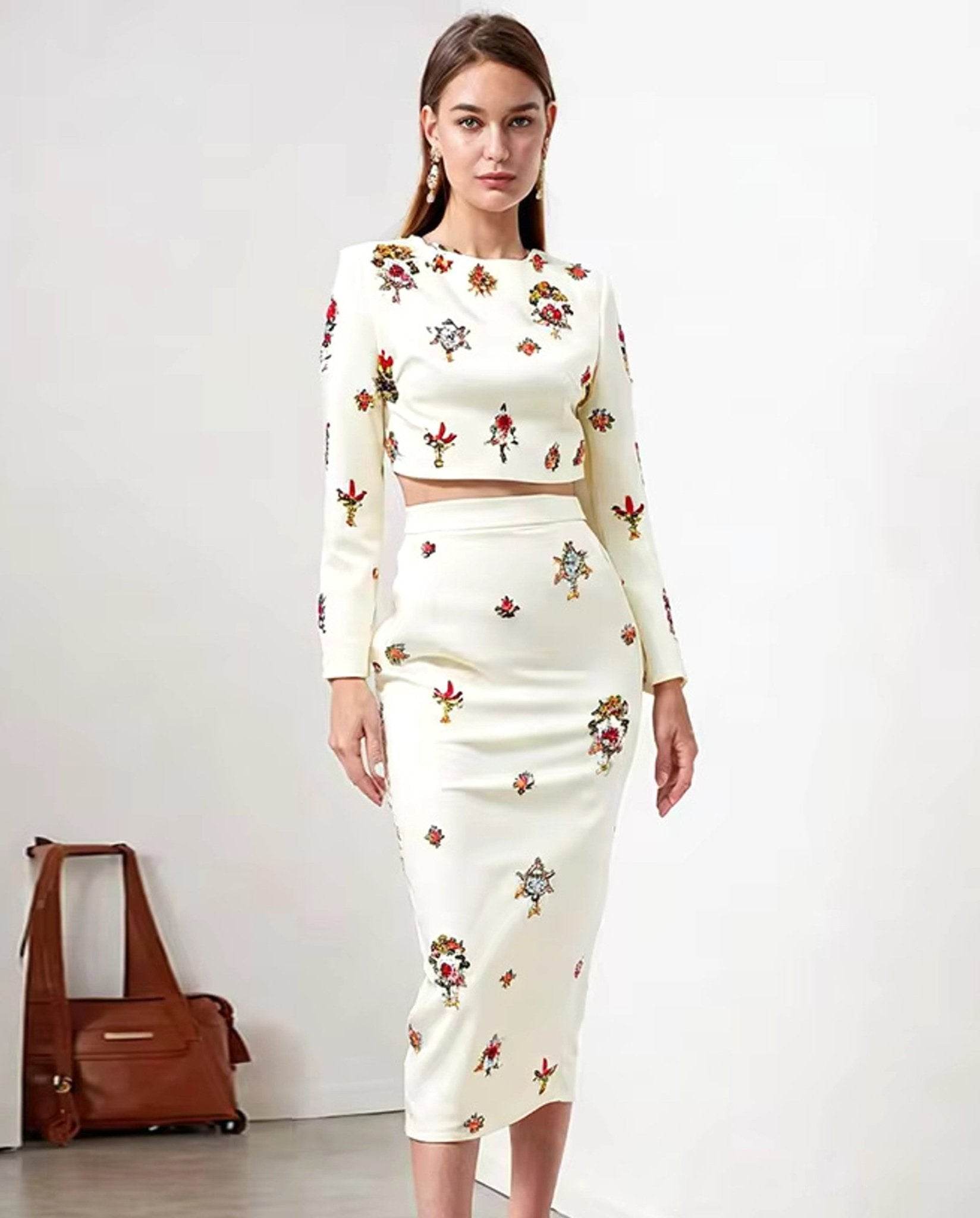 Temperament Diamonds Two Piece Set Round Neck Long Sleeve Short Top - REBECATHELABEL