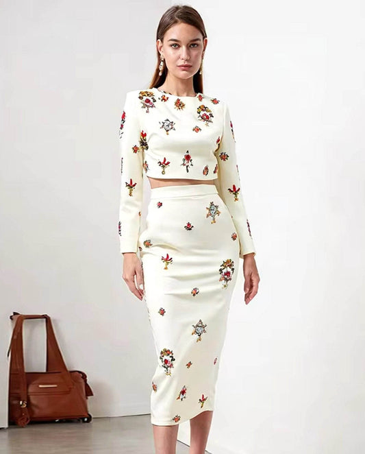 Temperament Diamonds Two Piece Set Round Neck Long Sleeve Short Top - REBECATHELABEL