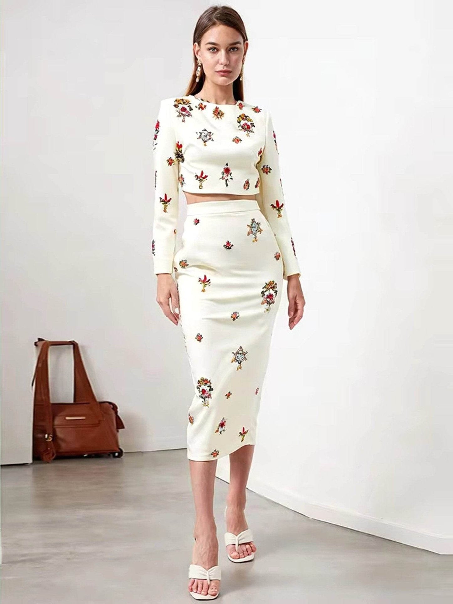 Temperament Diamonds Two Piece Set Round Neck Long Sleeve Short Top - REBECATHELABEL