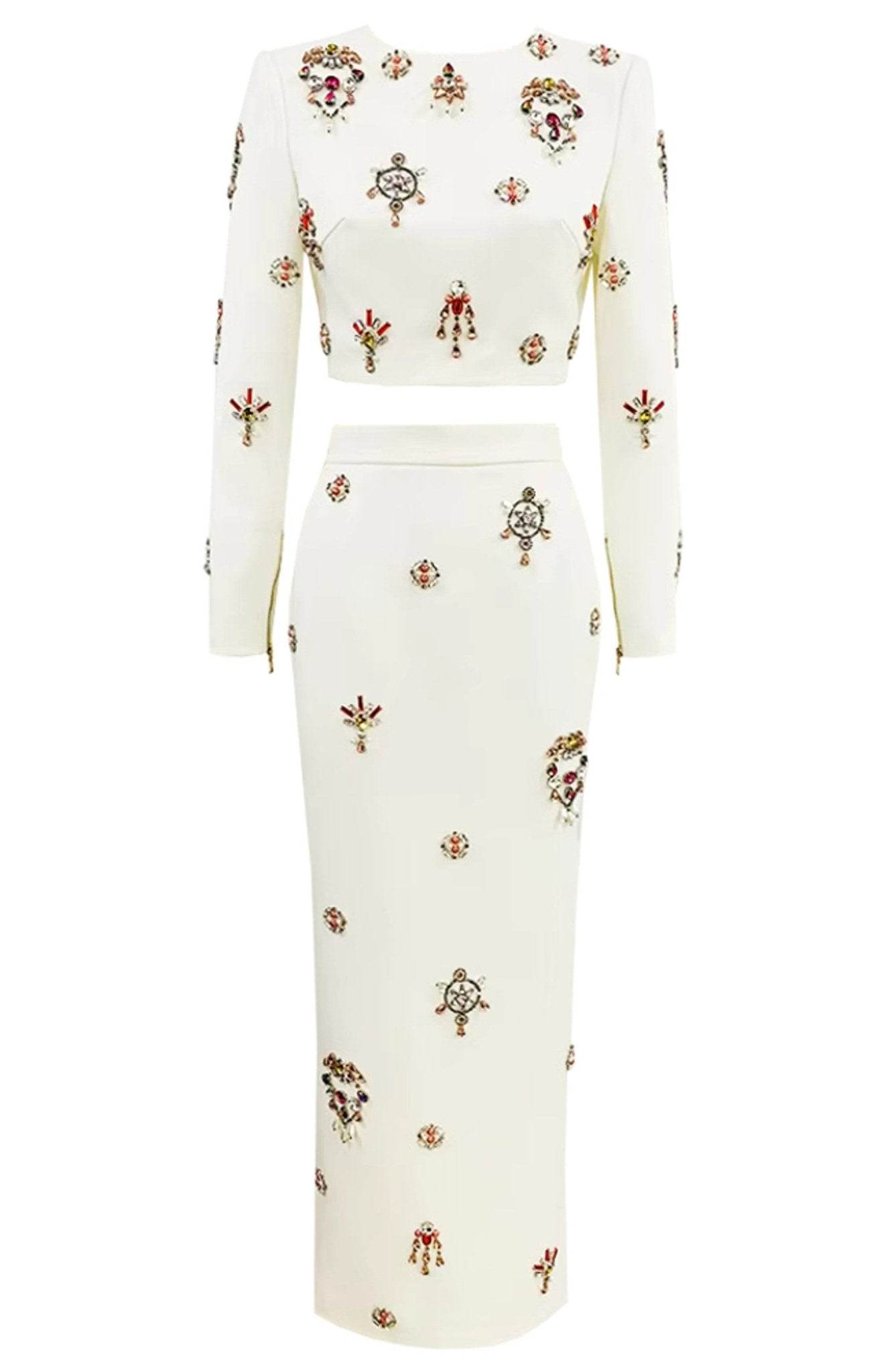 Temperament Diamonds Two Piece Set Round Neck Long Sleeve Short Top - REBECATHELABEL