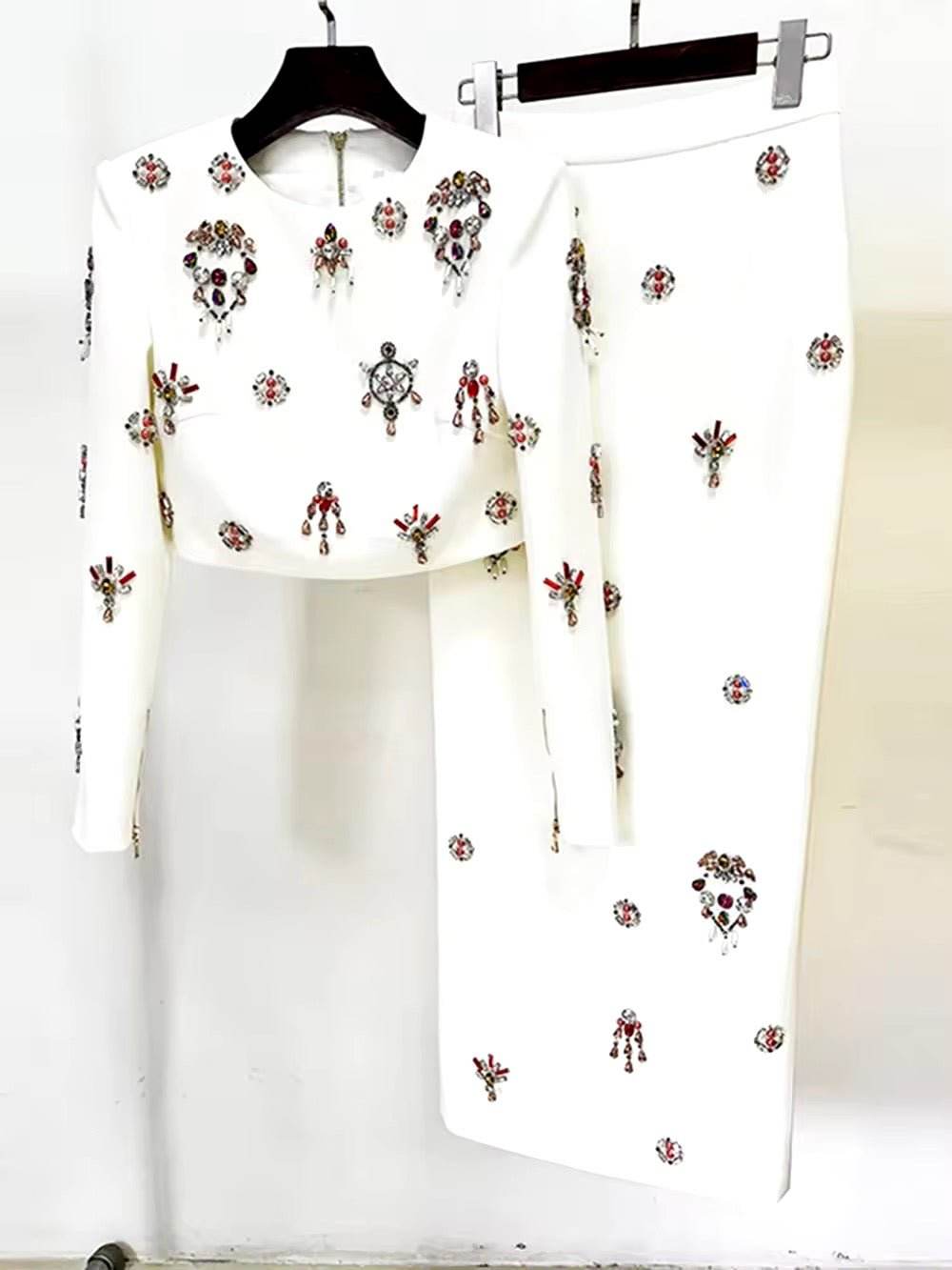 Temperament Diamonds Two Piece Set Round Neck Long Sleeve Short Top - REBECATHELABEL