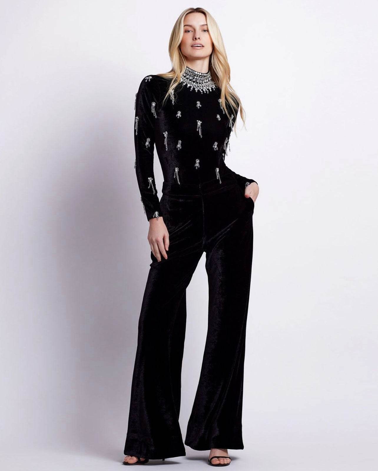 Turtleneck Beading Diamonds Bandage Jumpsuits Wide Leg Pants - REBECATHELABEL