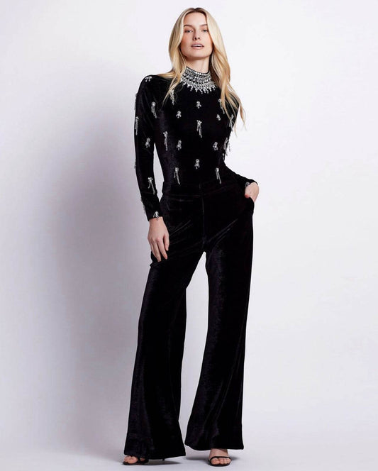 Turtleneck Beading Diamonds Bandage Jumpsuits Wide Leg Pants - REBECATHELABEL