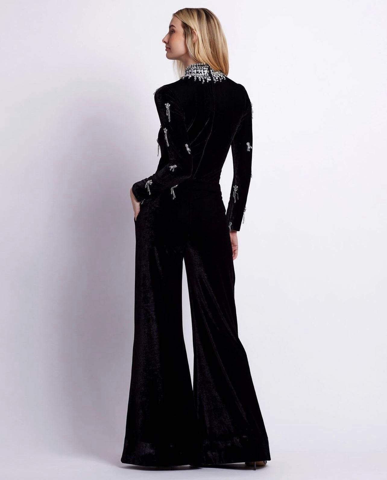 Turtleneck Beading Diamonds Bandage Jumpsuits Wide Leg Pants - REBECATHELABEL