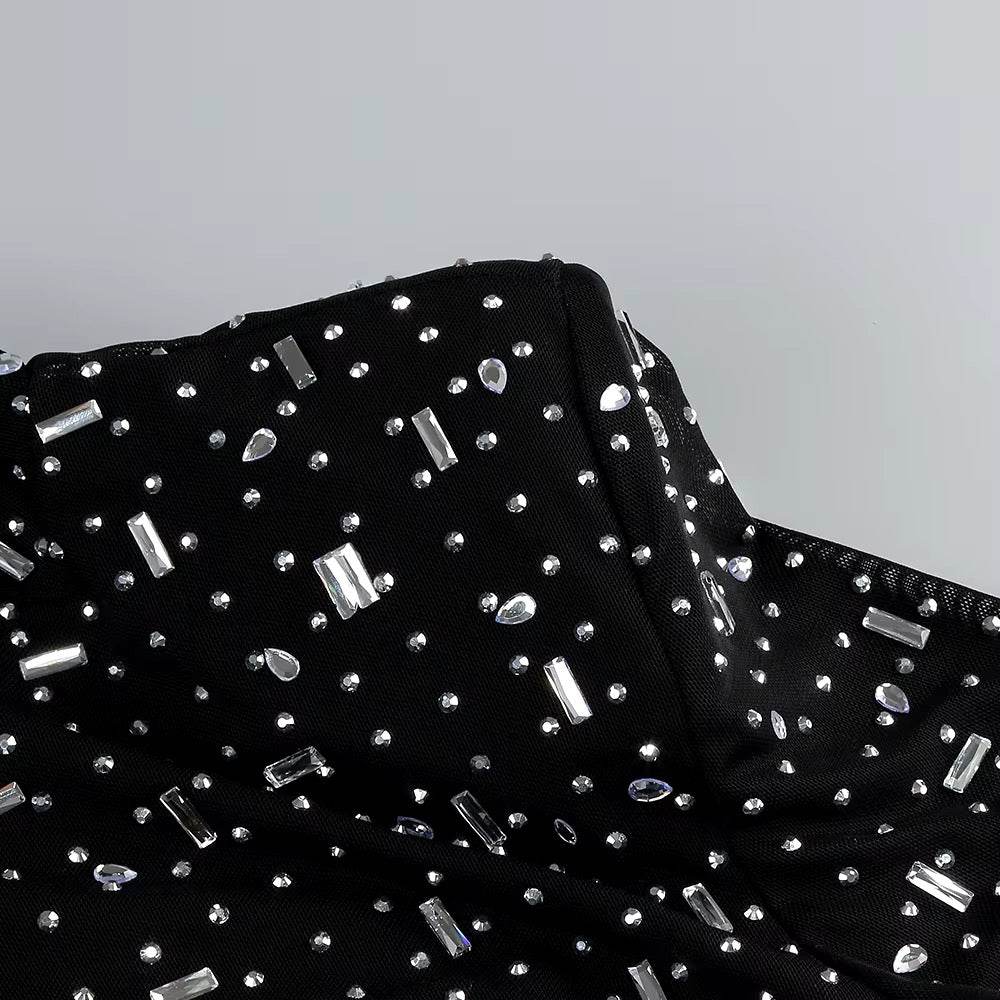 Turtleneck Long Sleeve Mesh Crystal Diamond Long Dress - REBECATHELABEL