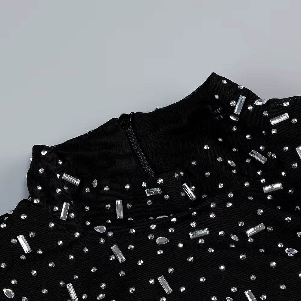 Turtleneck Long Sleeve Mesh Crystal Diamond Long Dress - REBECATHELABEL